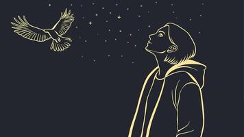 A man is looking at a bird flying in the sky vector