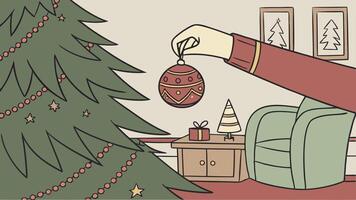 A cartoon illustration of a person putting a christmas ornament on a christmas tree vector