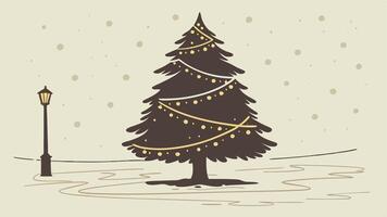 Christmas tree with lights and snow on a snowy background vector