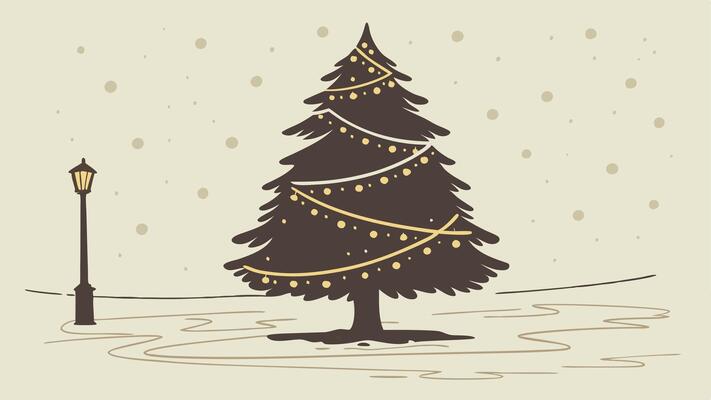 Christmas tree with lights and snow on a snowy background