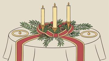 A table with two candles and a wreath on it vector
