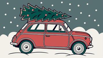 A car with a christmas tree on top of it vector
