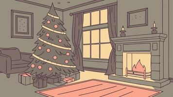 A cartoon drawing of a living room with a christmas tree vector