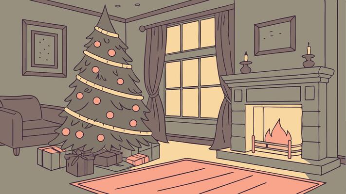 A cartoon drawing of a living room with a christmas tree