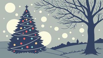 Christmas tree in the snow with lights vector