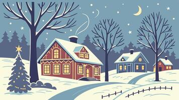 Winter landscape with houses and trees in the snow vector