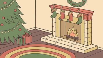 Christmas fireplace with stockings and christmas tree vector
