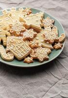 Christmas cookies with white icing forming various shapes lying on a plate photo