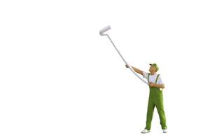 A miniature figurine of a painter holding a long-handled roller brush, isolated on white background with clipping path photo
