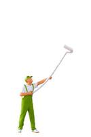 A miniature figurine of a painter holding a long-handled roller brush, isolated on white background with clipping path photo