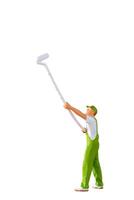 A miniature figurine of a painter holding a long-handled roller brush, isolated on white background with clipping path photo
