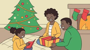 A family is opening a gift in front of a christmas tree vector
