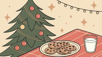 Christmas cookies and milk on a table next to a christmas tree vector