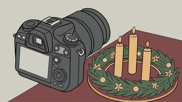 A camera and a wreath next to candles vector