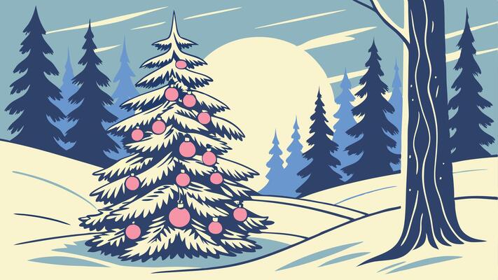 A christmas tree in the snow with pink balls
