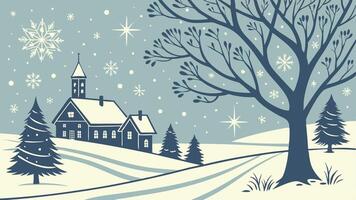 Christmas background with a church and trees vector