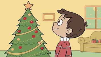 A boy looking at a christmas tree vector