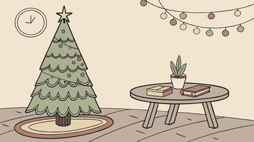 Christmas tree and table in a room with a clock vector