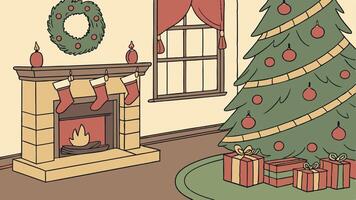 A cartoon illustration of a christmas tree and fireplace vector