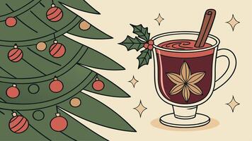 A mug of hot chocolate with a cinnamon stick and christmas decorations vector