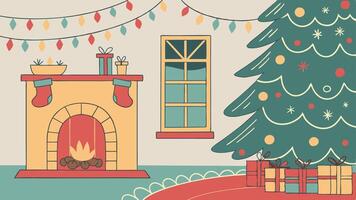 Christmas tree and fireplace in a room vector