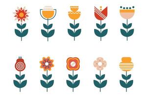 Set of flowers in Bauhaus style. Abstract geometric shapes of flowers and leaves. vector