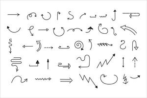 Collection of hand drawn curved lines and swirls of arrows. Brush drawing. Outline direction indicators. Set of icons. vector