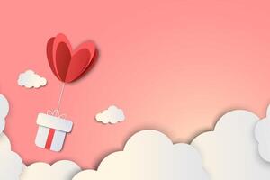 Background for Valentine's Day with Place for text.Illustration with a gift and a heart on a background of clouds in paper cat style. vector