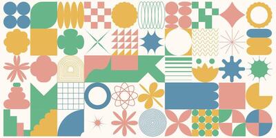 Geometric background in neo-geometry style. Various colorful abstract shapes. vector