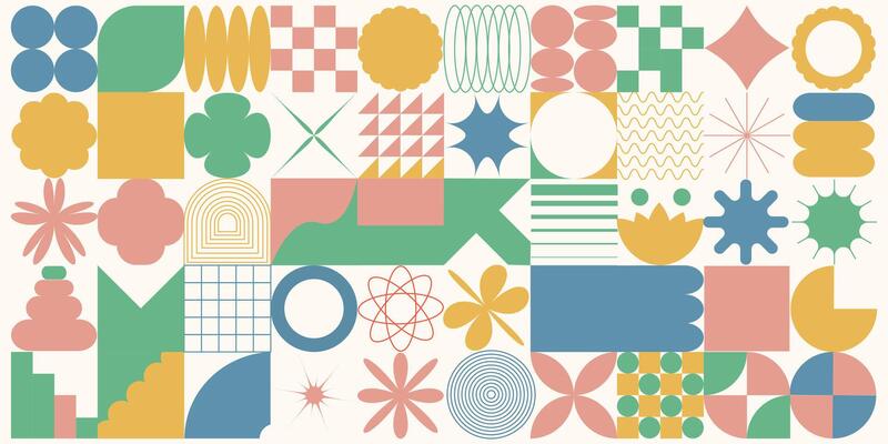Geometric background in neo-geometry style. Various colorful abstract shapes.