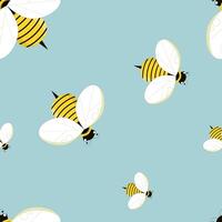 Pattern of insects on a blue background. Seamless texture with bees top view. vector