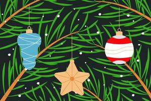 Christmas decorations on the background of fir branches. Christmas and New Year design template. vector