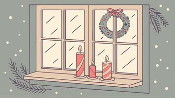 Christmas window with candles and wreath vector