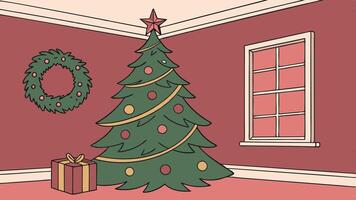 A cartoon christmas tree in a room with a window vector