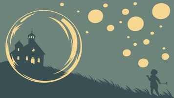 A boy is standing in front of a house with bubbles in the sky vector