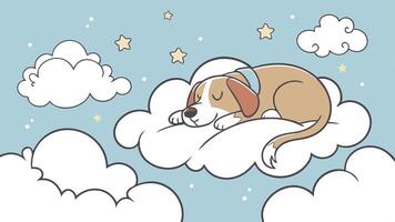 A cartoon dog sleeping on a cloud with stars vector