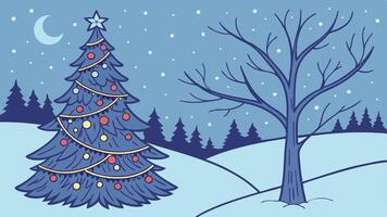 Christmas tree in the snow with stars and moon vector