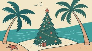 A christmas tree on the beach with palm trees vector