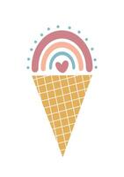 Cure boho ice cream with rainbow in waffle cup. Scandinavian clipart design print illustration for poster, card vector