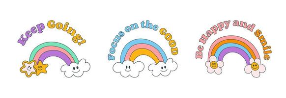 Collection of retro hand drawn rainbows with smiling clouds, stars, flowers, inspirational phrase in y2k style. Keep Going, Focus on Good, Be Happy and Smile vector