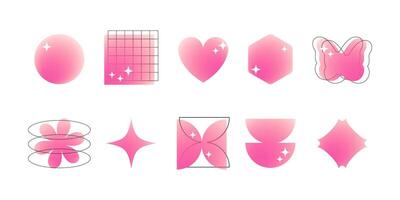Set of blurry pink gradient abstract shapes, sparkles, star, flower, heart in y2k style. Aesthetic design elements illustration isolated on white background vector