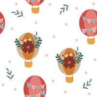 Seamless pattern in boho style. Hot air balloons, flowers, flags, plants. Illustration for textile, wrapping paper, fabric, print design, wallpaper, greeting, decoration, package, texture vector