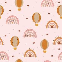 Seamless pattern with rainbows, hot air baloons, hearts. Boho scandinavian illustration for textile, wrapping paper, fabric, print design, wallpaper, greeting, decoration, package, texture vector