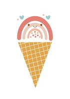 Smiling rainbow ice cream in boho style. Kawaii rainbow in waffle cup cone. Sweet design element, clipart, illustration for poster, card, print vector