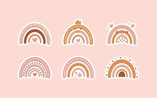 Set of boho cartoon rainbows stickers in scandinavian style in pastel colors vector