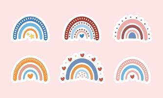 Set of boho cartoon rainbows stickers in scandinavian style vector