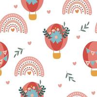 Seamless pattern boho with elements, rainbows, hot air balloons, flowers. Scandinavian illustration vector