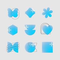 Set of simple geometric forms, abstract shapes with blue blur gradient effect. Template graphic design illustration of heart, butterfly, flower in y2k style vector