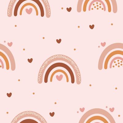 Seamless scandinavian pattern with rainbows in retro style. Boho illustration for textile, wrapping paper, fabric, print design, wallpaper, greeting, decoration, package, texture
