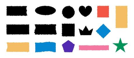 Black and colorful retro rectangles, shapes of torn paper. Grunge sheets with jagged edges for collages, stickers, banner, textbox vector